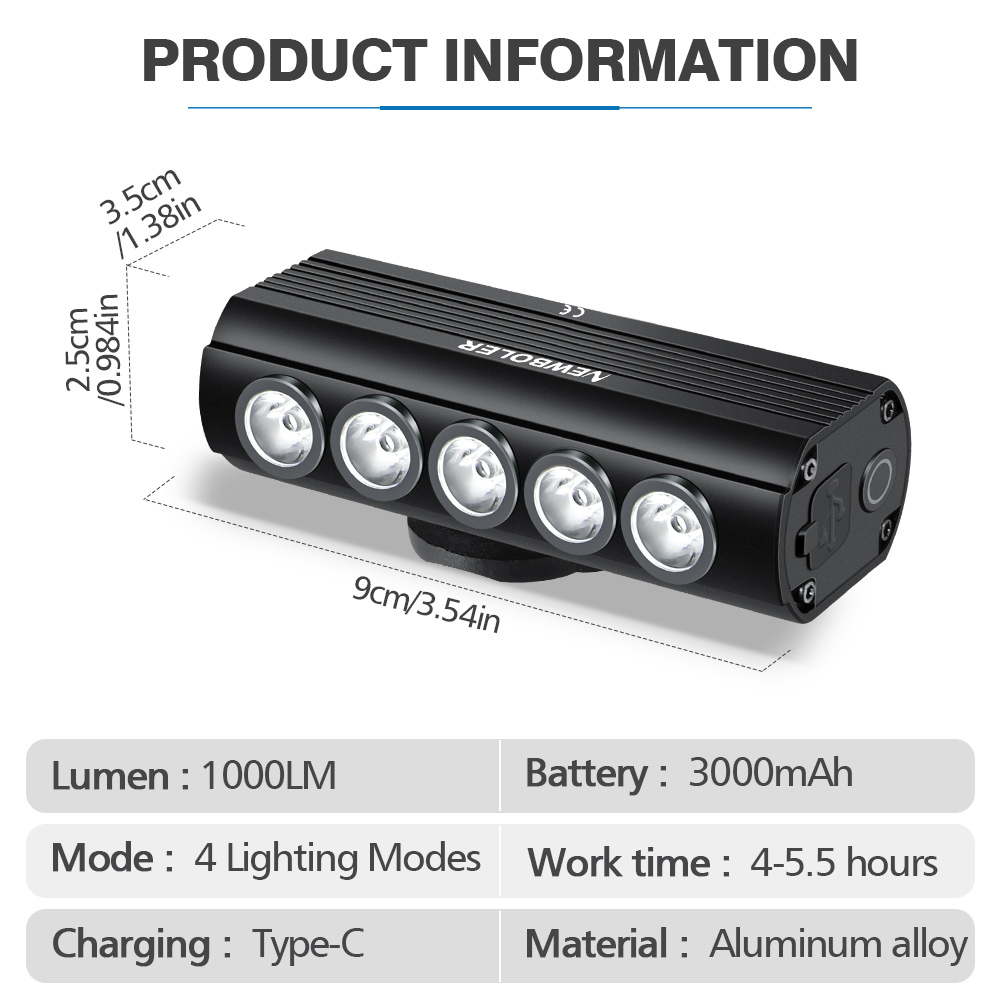 NEWBOLER Bicycle Light Front 1 - đánh giá và giá Rechargeable Bicycle Headlight 1000 Lumen